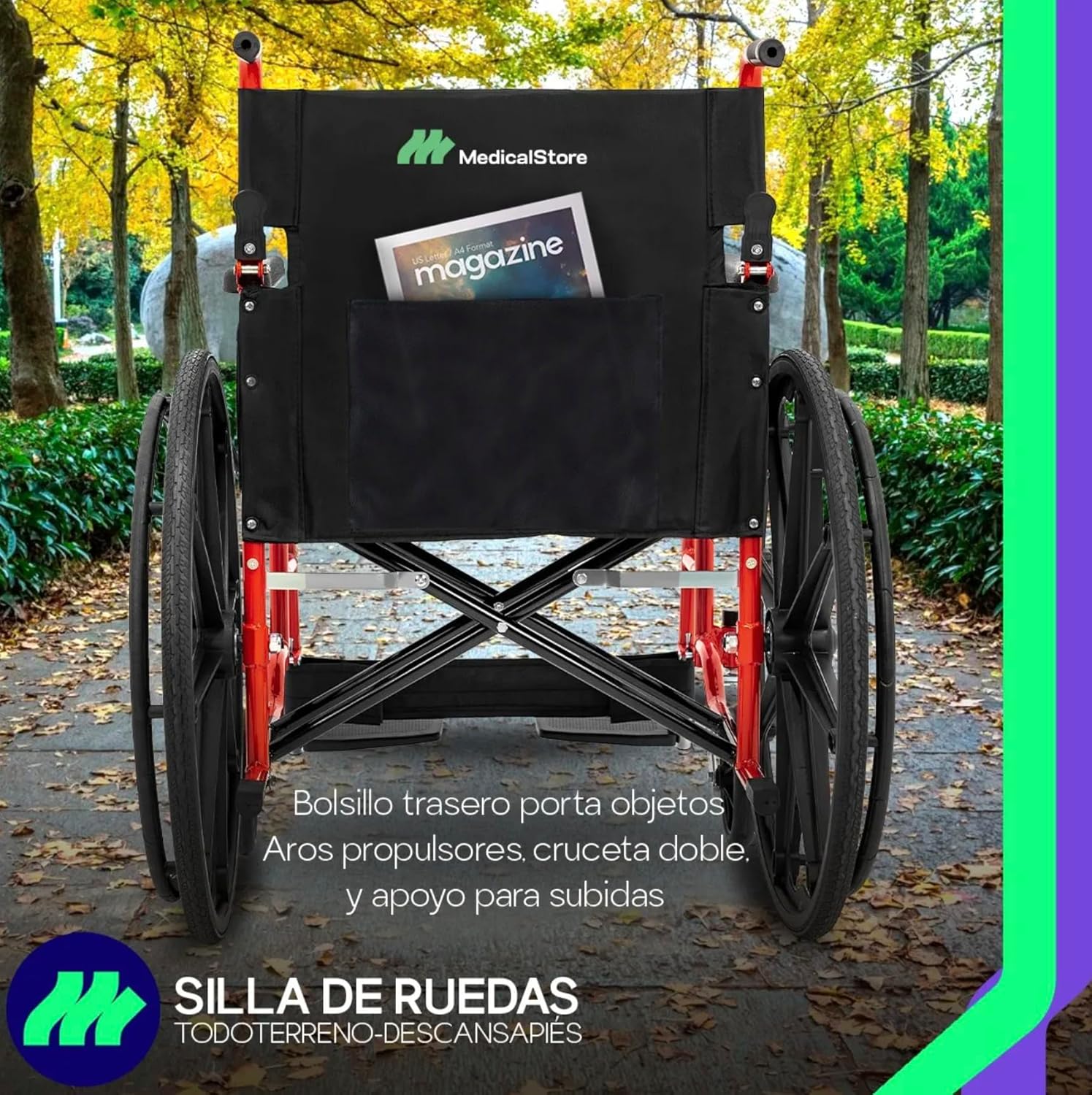MEDICAL STORE Silla De Ruedas Ligera Adulto Mayor Todo Terreno Traslado Plegable Compacta Con Freno De Mano Rehabilitación Con Descansa Pies Abatible