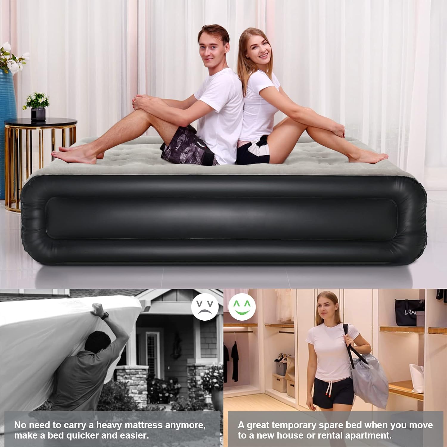 InnoTruth Colchón de aire Queen con bomba incorporada, cama de aire inflable elevada para camping, colchón inflable de doble altura con bolsa de transporte portátil, negro frío, Queen (80 x 60 x 18 pulgadas)