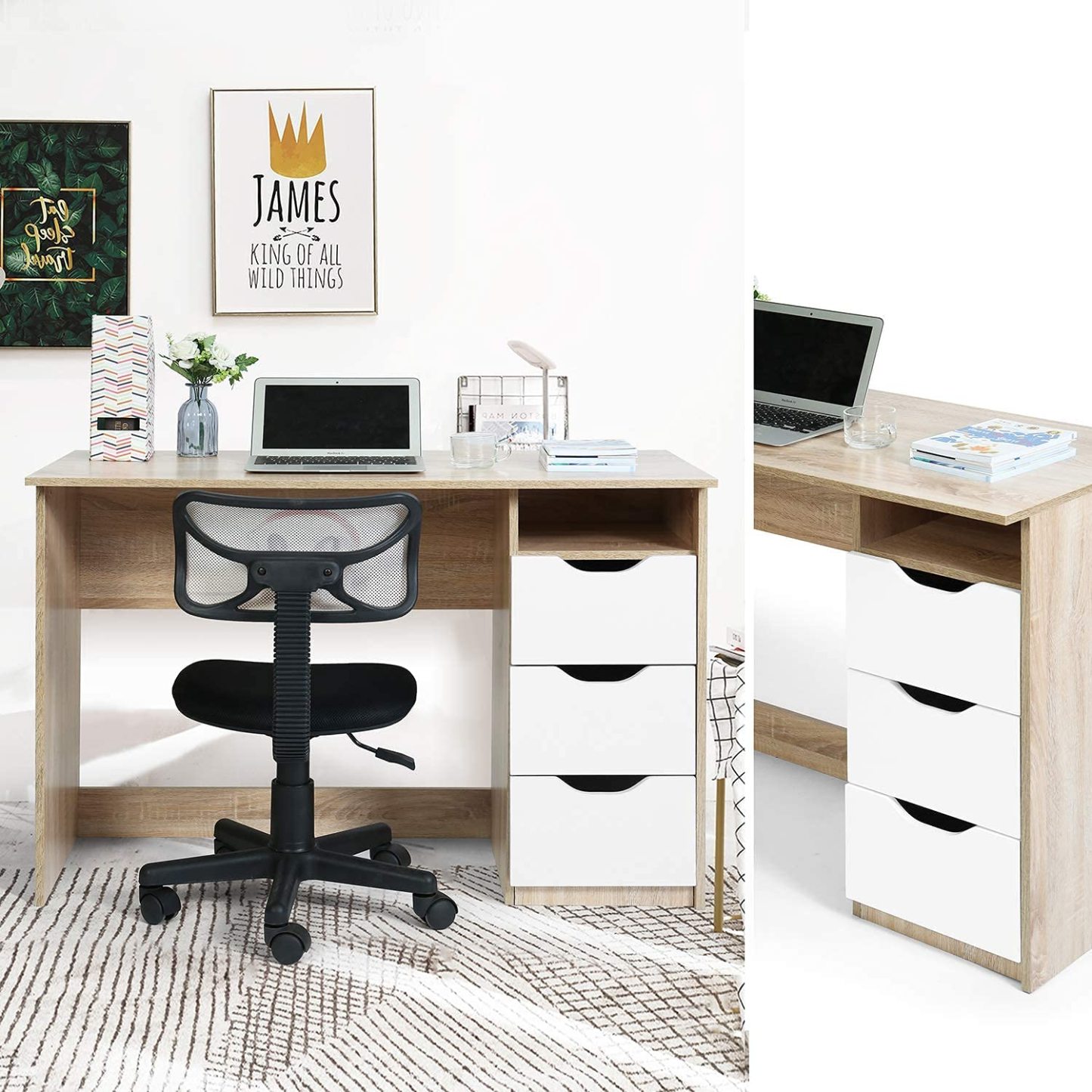 FurnitureR Escritorio para Computadora de Oficina con Almacenamiento Escritorio de Trabajo y Estudio con 5 Estantes Mesa Portátil para Estudiantes Escritorio de Escritura Moderno Haya y Blanco