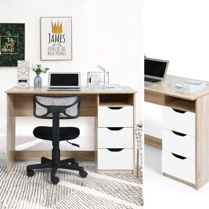 FurnitureR Escritorio para Computadora de Oficina con Almacenamiento Escritorio de Trabajo y Estudio con 5 Estantes Mesa Portátil para Estudiantes Escritorio de Escritura Moderno Haya y Blanco