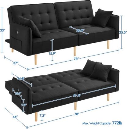 Yaheetech Sofá cama convertible moderno futón sofás, cama plegable y abajo, tela de lino reclinable para sala de estar, color gris-almohada