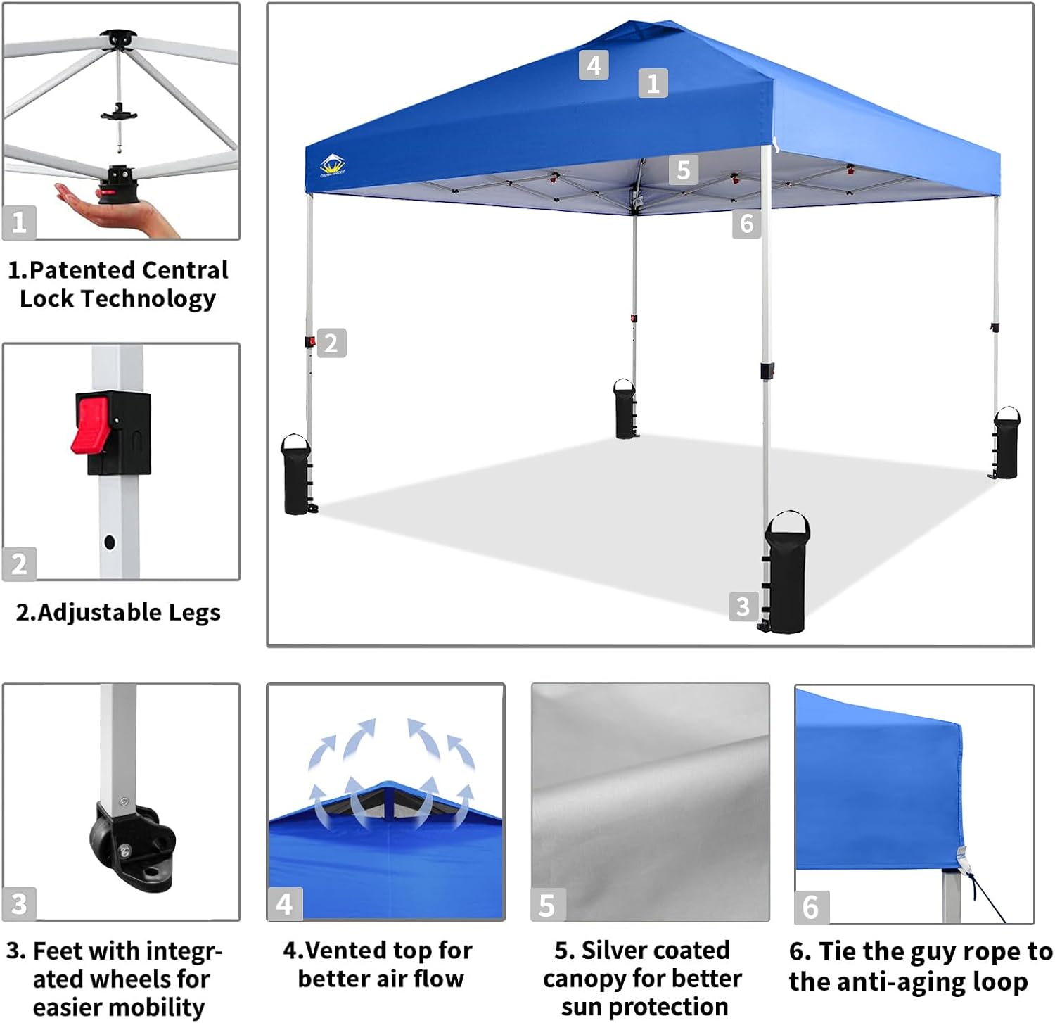 CROWN SHADES - Toldo desplegable para la Playa, fácil de armar, para el Aire Libre, Eventos, Fiestas, Campamento, Cubierta STO-N-Go, Parte Superior recubierta de Plata, 10 x 10 Pulgadas, Blanco