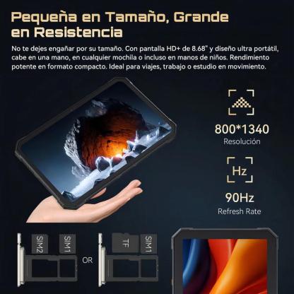 Cubot Tab Kingkong Mini 2026, 16GB RAM, 128GB ROM, 8.7 Pulgadas, Batería 10200mAh, IP68/IP69K, Android 15, Cámara 48MP, Resistente a Golpes, Luz de Camping, Control Parental, Ideal para Viajes y Trabajo
