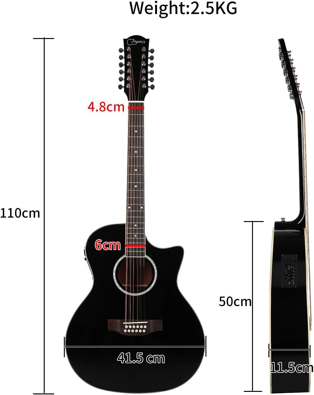 Jidyous-41 Inch,4/4,Guitarra Electroacústica 12 cuerdas,con Funda Acolchada, afinadores, Tirantes de guitarra,cuerdas, paletas, capó, adecuada para adultos jóvenes de nivel medio (Black)