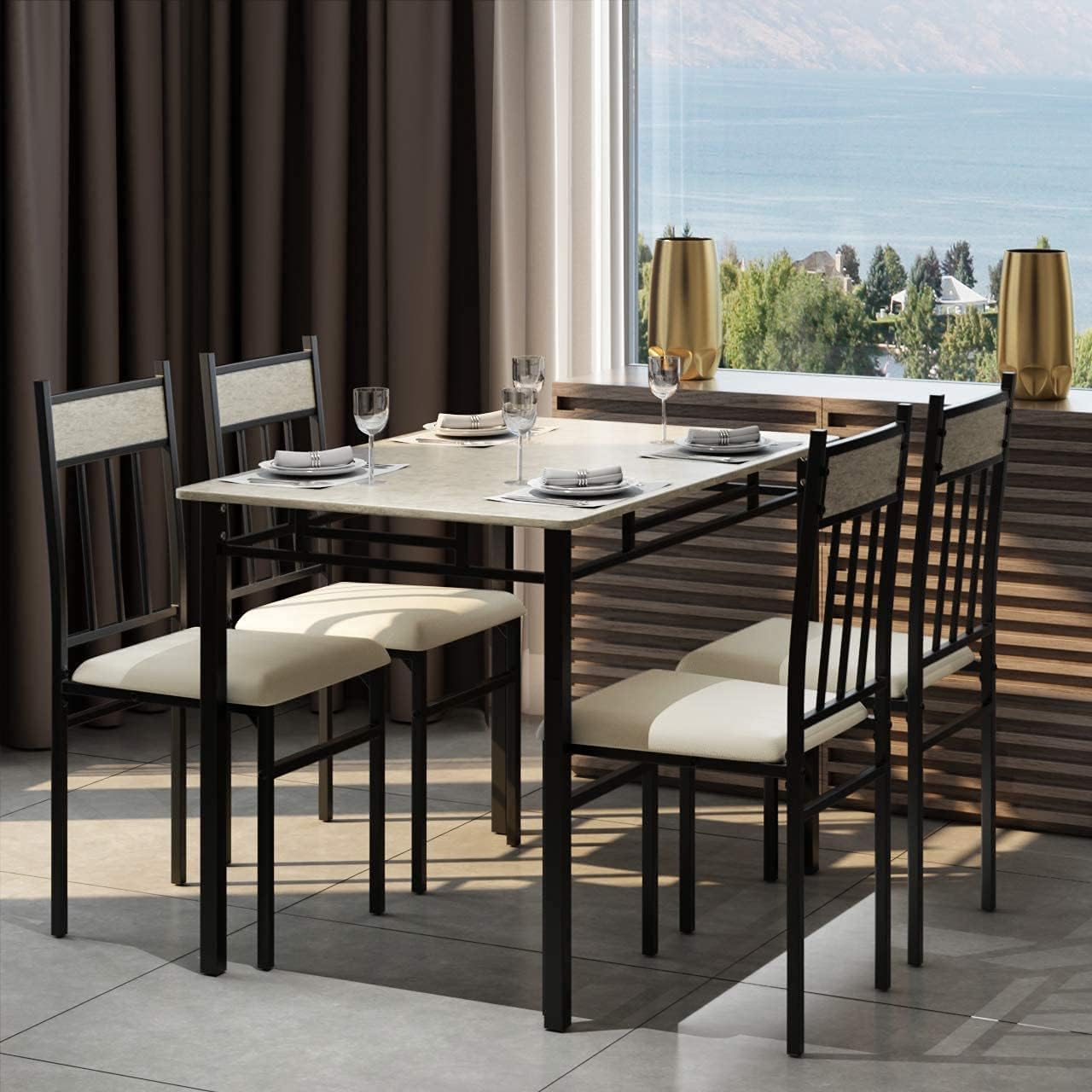 Juego de mesa de comedor de cocina de 5 piezas Tangkula, juego de mesa y sillas modernas que incluye 1 mesa rectangular y cuatro sillas de respaldo alto, marco de metal y asiento acolchado, tablero de mesa de mármol sintético (gris)