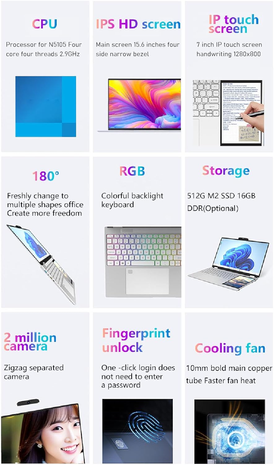 Haofy Laptop de Pantalla Doble, 1280x800 Pantalla Táctil IPS de 7 Pulgadas 16GB HD Laptop Plata Desbloqueo de Huellas Dactilares para Negocios para 11 (16GB+1TB Enchufe de EE. UU.)