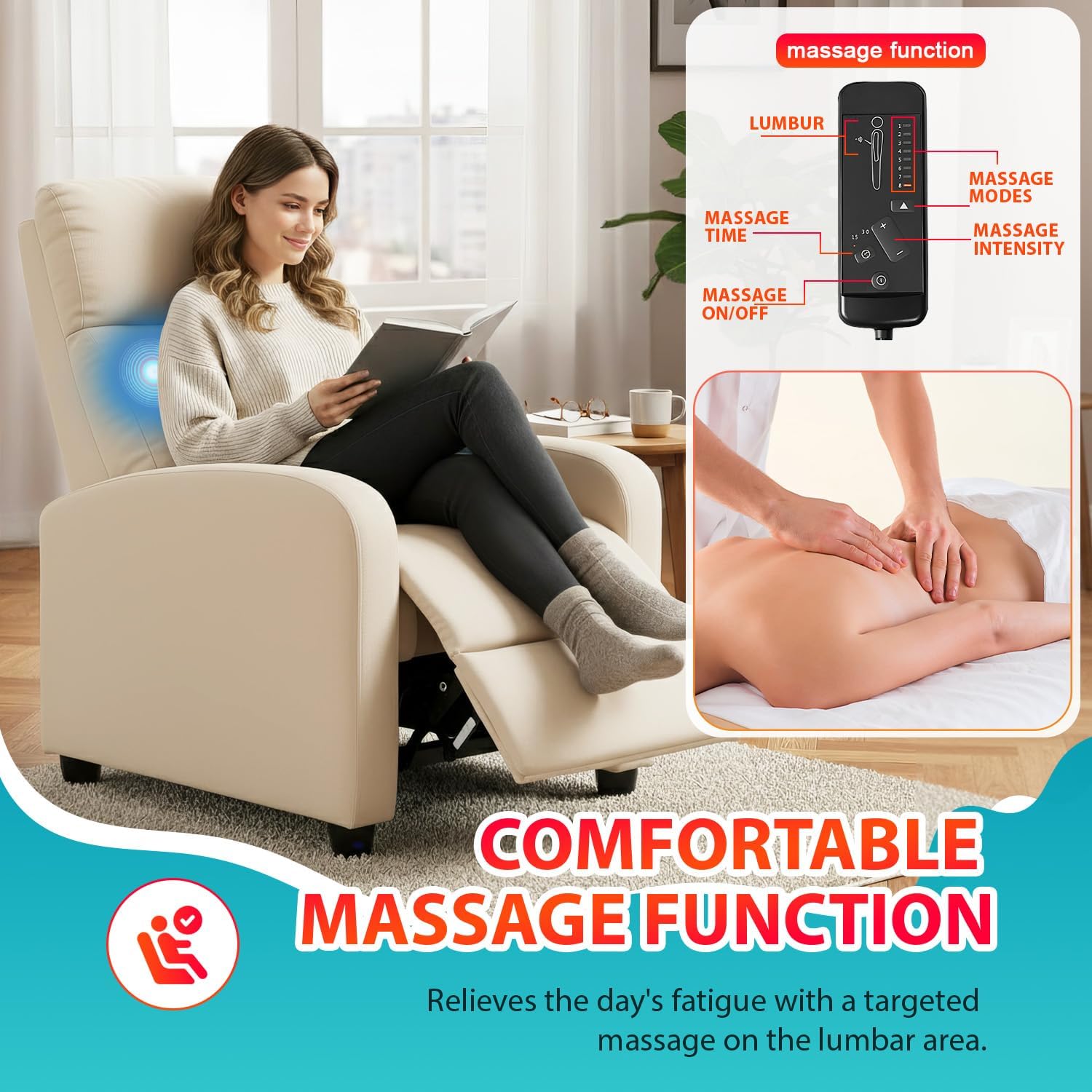 Silla reclinable para sala de estar, sala de cine en casa, sofá individual Winback, sillón reclinable de masaje, silla de lectura, silla reclinable moderna, fácil descanso con respaldo acolchado de tela (tela beige)