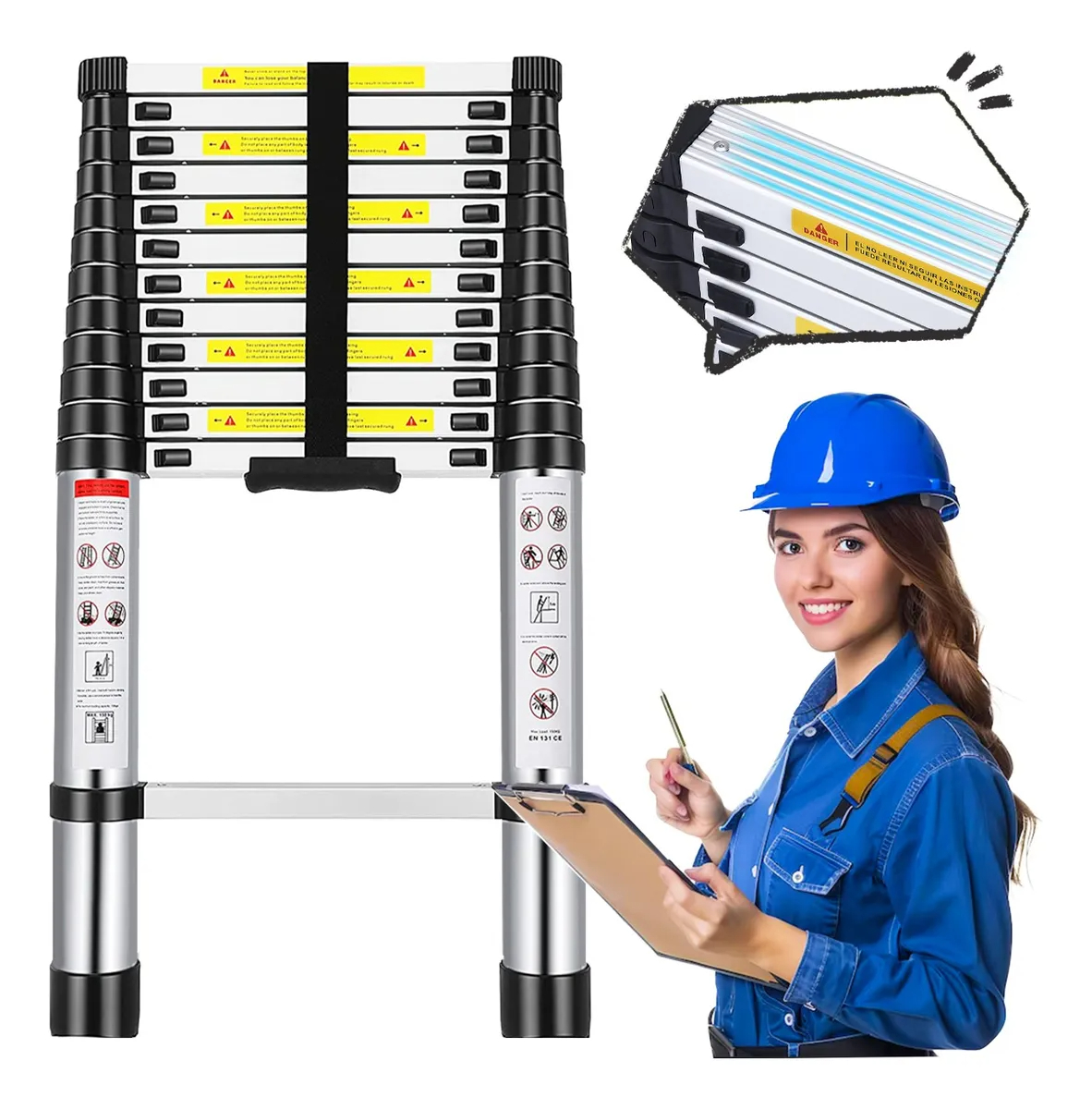 Escalera Aluminio Telescópica Ajustable 13 Peldaños 5 Metros