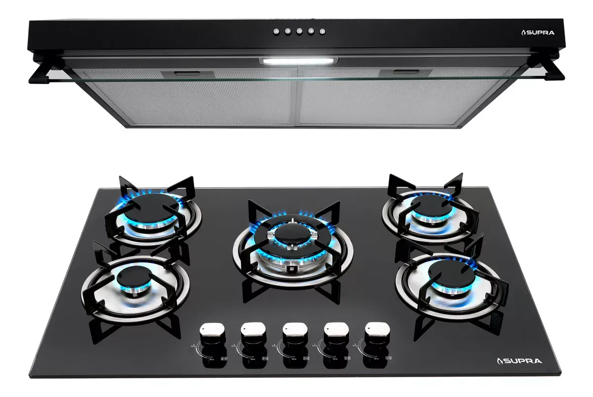 Combo Supra Parrilla Empotrable A Gas Y Campana De Pared Color Negro