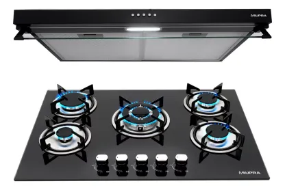 Combo Supra Parrilla Empotrable A Gas Y Campana De Pared Color Negro