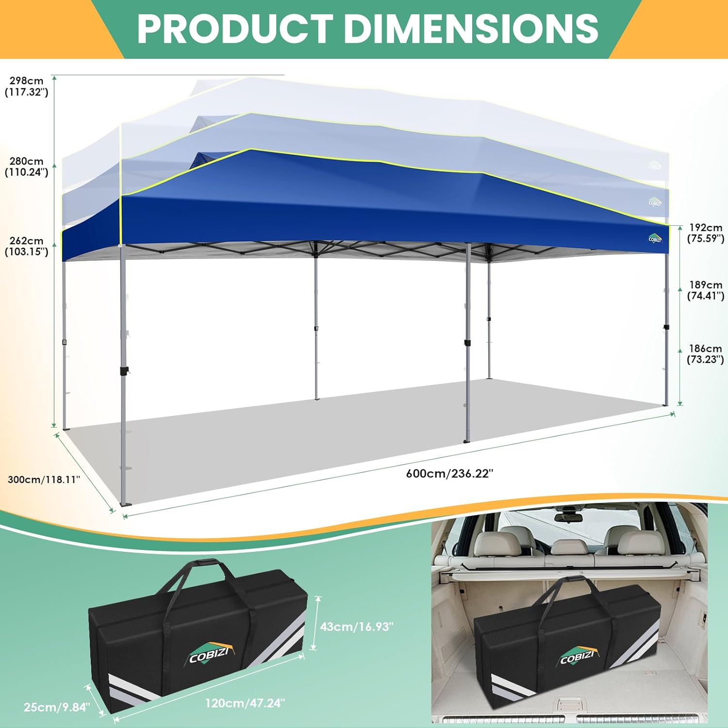 COBIZI - Tienda de campaña desplegable de 10 x 20 Pulgadas, Tienda de campaña instantánea Comercial para Bodas, Fiestas con 3 Altura Ajustable, toldo Ez Up para Exteriores, Impermeable, UPF50+ con