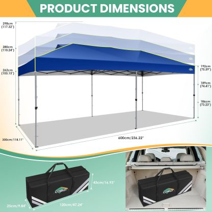 COBIZI - Tienda de campaña desplegable de 10 x 20 Pulgadas, Tienda de campaña instantánea Comercial para Bodas, Fiestas con 3 Altura Ajustable, toldo Ez Up para Exteriores, Impermeable, UPF50+ con