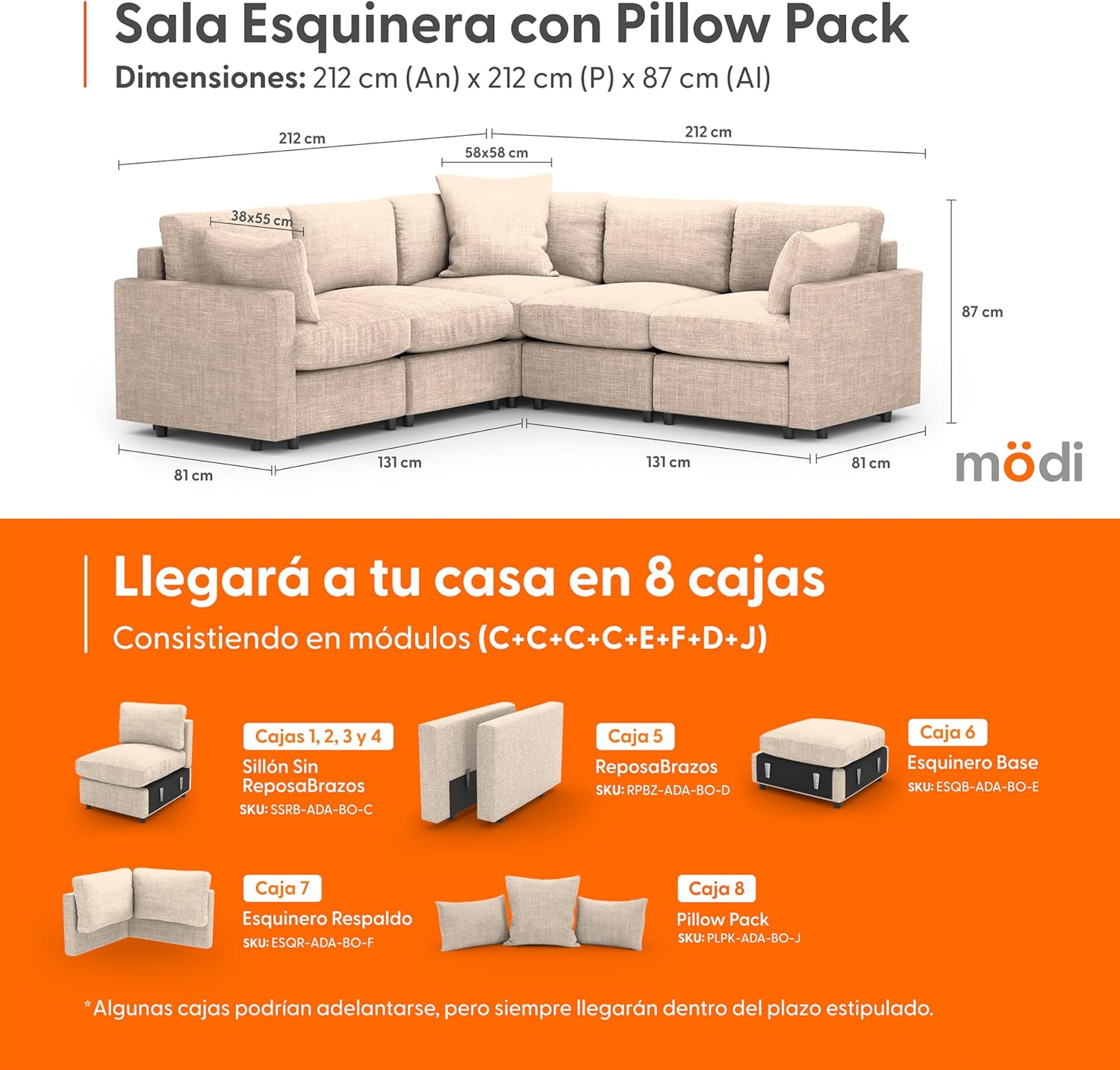 MODISOFA - Sofá Sala Esquinera Modular con Otomano | 6 Plazas | Beige | + Pillow Pack | Fácil de Ensamblar y Adaptable | Envío Gratis