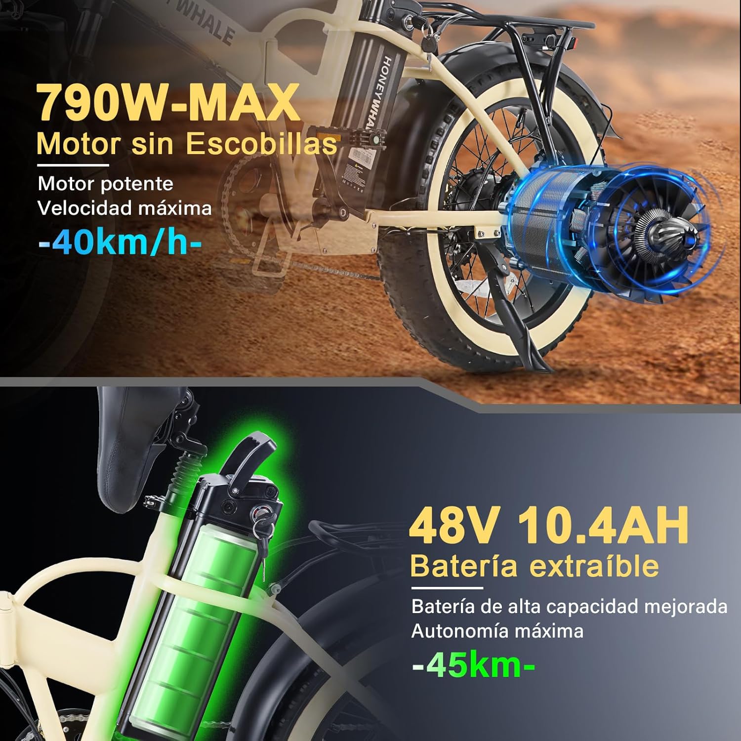 HONEYWHALE F6 Bicicleta Eléctrica Plegable para Adultos, Bicicleta de montaña de 7 velocidades, Máxima del Motor 790W, Velocidad Máxima 40KM/H, Batería Extraíble (48V, 10.4AH), Autonomía 45KM