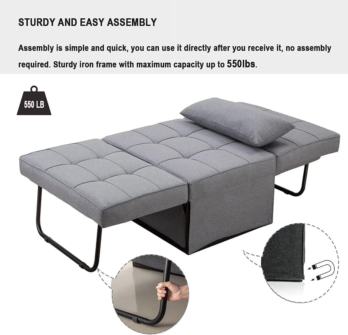 Sofá Cama, Cama otomana Plegable multifunción 4 en 1, Moderna Silla Convertible con Respaldo Ajustable, para Sala de Estar, Departamento pequeño, Gris Claro