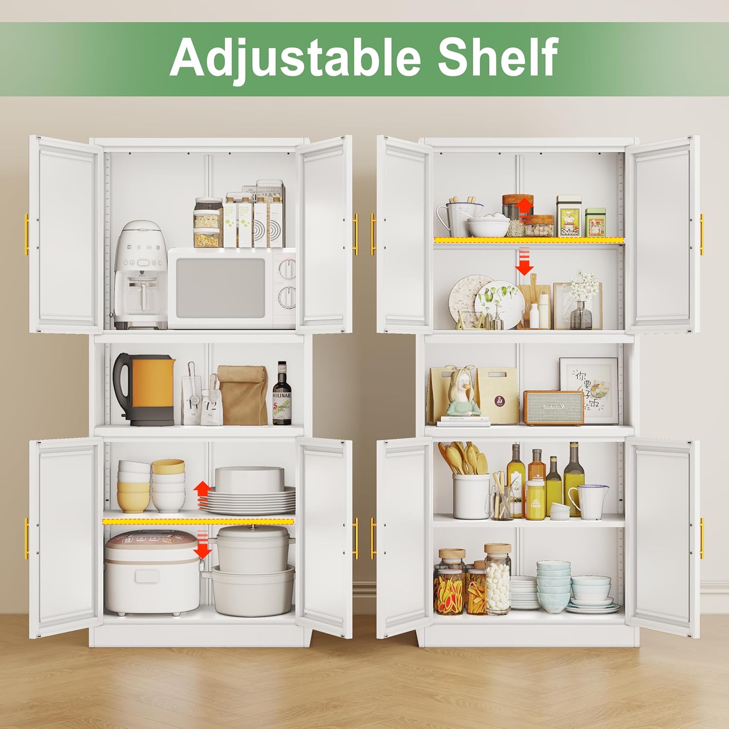 Ckzbx Gabinete de cocina de metal de 61 pulgadas de alto con 4 puertas, armarios de baño, 2 estantes ajustables para cocina, oficina en casa, sala de estar, comedor (negro)