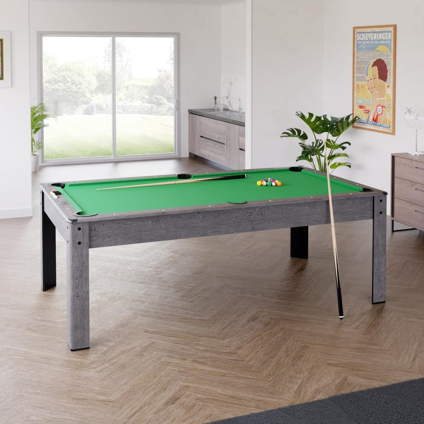 PLAY4FUN Mesa de Billar Convertible en Comedor | 2 en 1 Multifuncional | 226 x 126 x 80 cm | Tapete Verde con Retorno de Bolas | Accesorios Incluidos | Capacidad para 8 Personas | Color Gris