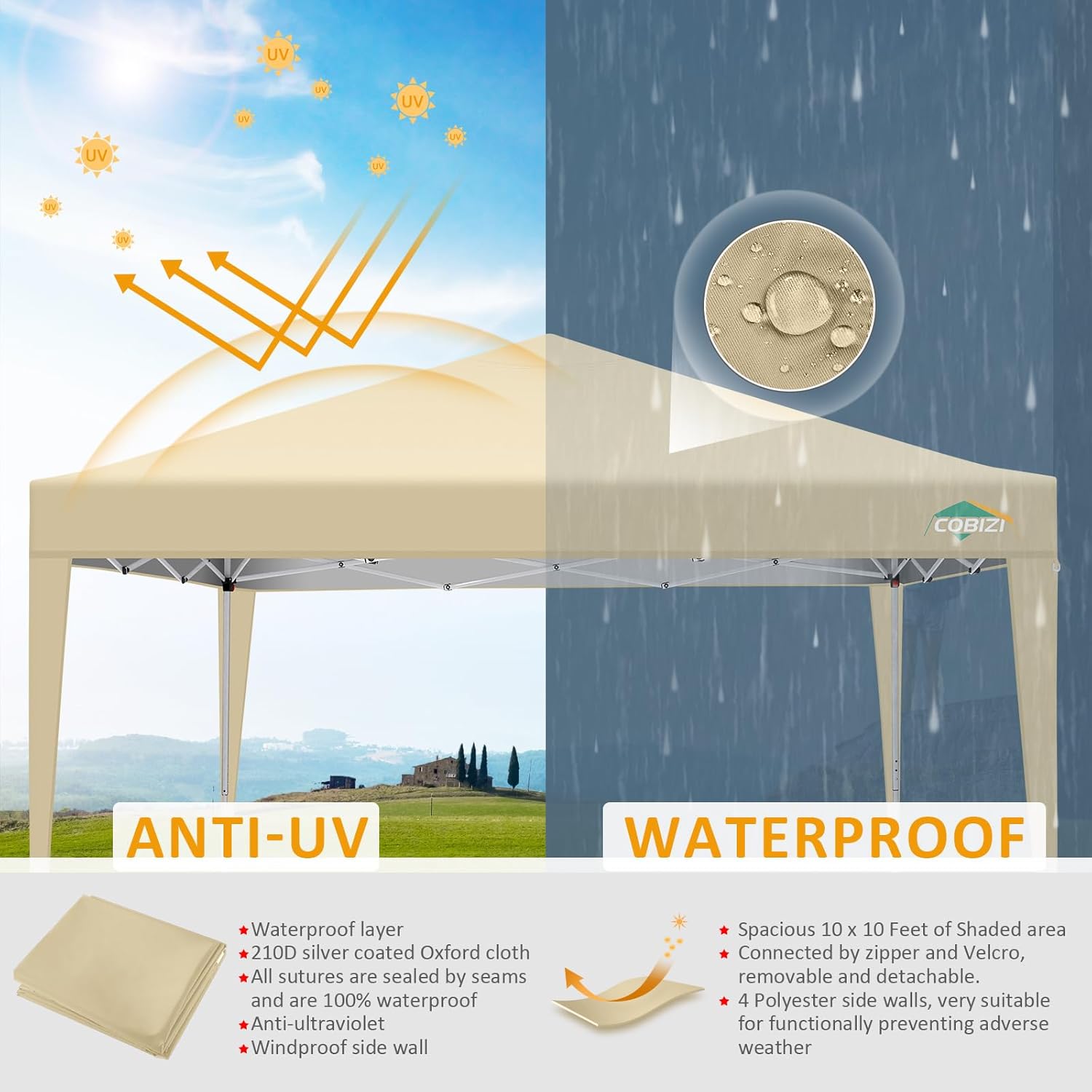 COBIZI - Toldo desplegable de 10 x 20 Pulgadas con 6 Paredes Laterales, toldo Impermeable para Eventos al Aire última intervensión, UPF 50+ cenador portátil para Fiestas, Playa, Camping, Boda,