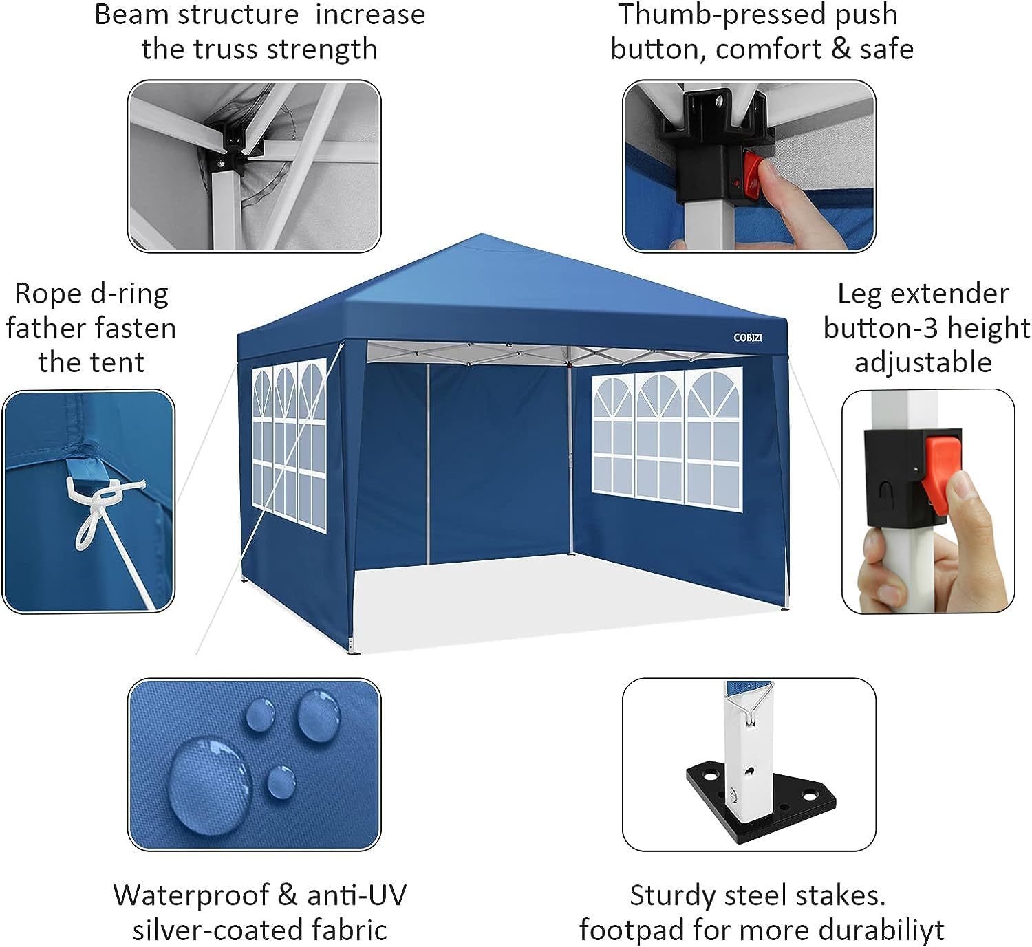 COBIZI - Toldo desplegable de 10 x 20 Pulgadas con 6 Paredes Laterales, toldo Impermeable para Eventos al Aire última intervensión, UPF 50+ cenador portátil para Fiestas, Playa, Camping, Boda,