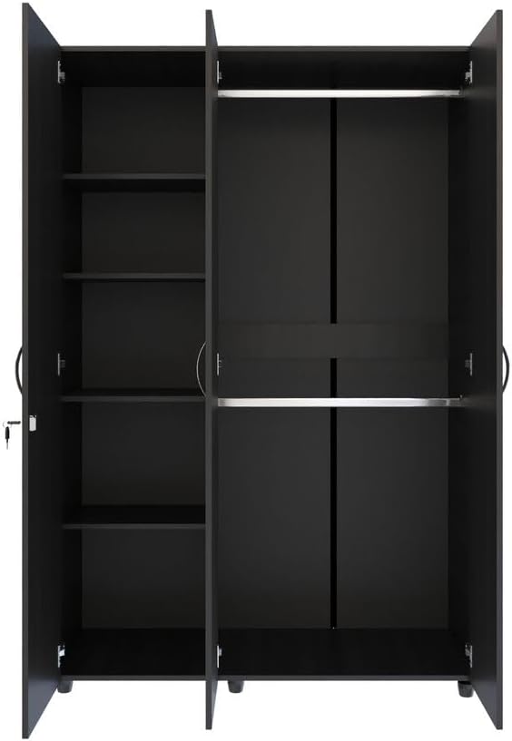 MADERKIT | Ropero Bilbao 120 cm Ancho | Tamaño Mediano | Color Wengue | 3 Puertas y Llave de Seguridad | Mueble Listo para armar | Estantes y Tubos para Colgar (Wengue)
