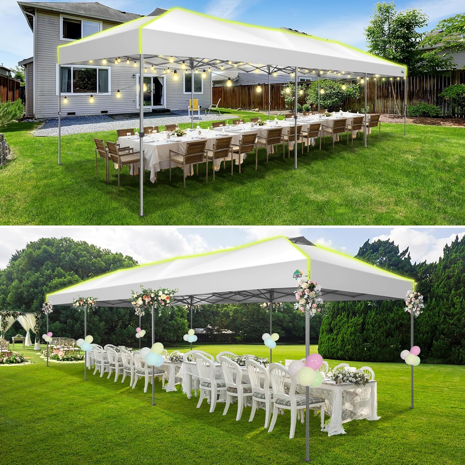 COBIZI - Tienda de campaña desplegable de 10 x 20 Pulgadas, Tienda de campaña instantánea Comercial para Bodas, Fiestas con 3 Altura Ajustable, toldo Ez Up para Exteriores, Impermeable, UPF50+ con