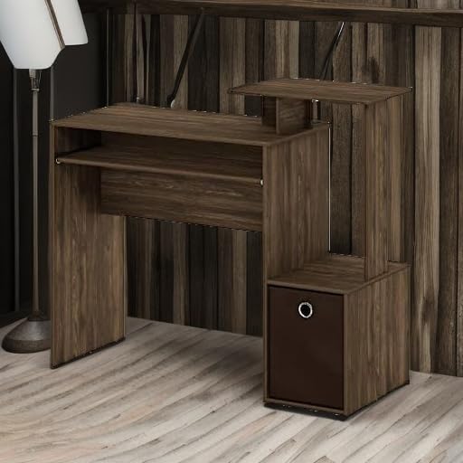 Furinno Econ Escritorio de escritura de computadora de oficina en casa multipropósito W/Bin, Blanco/Negro
