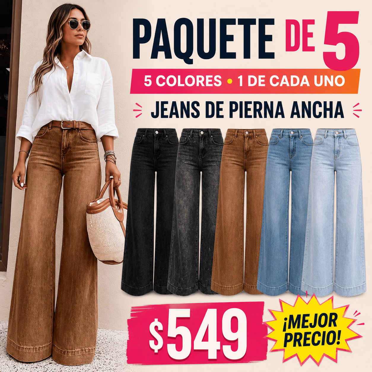Jeans de Cintura Alta y Pierna Ancha con Bolsillos para Mujer