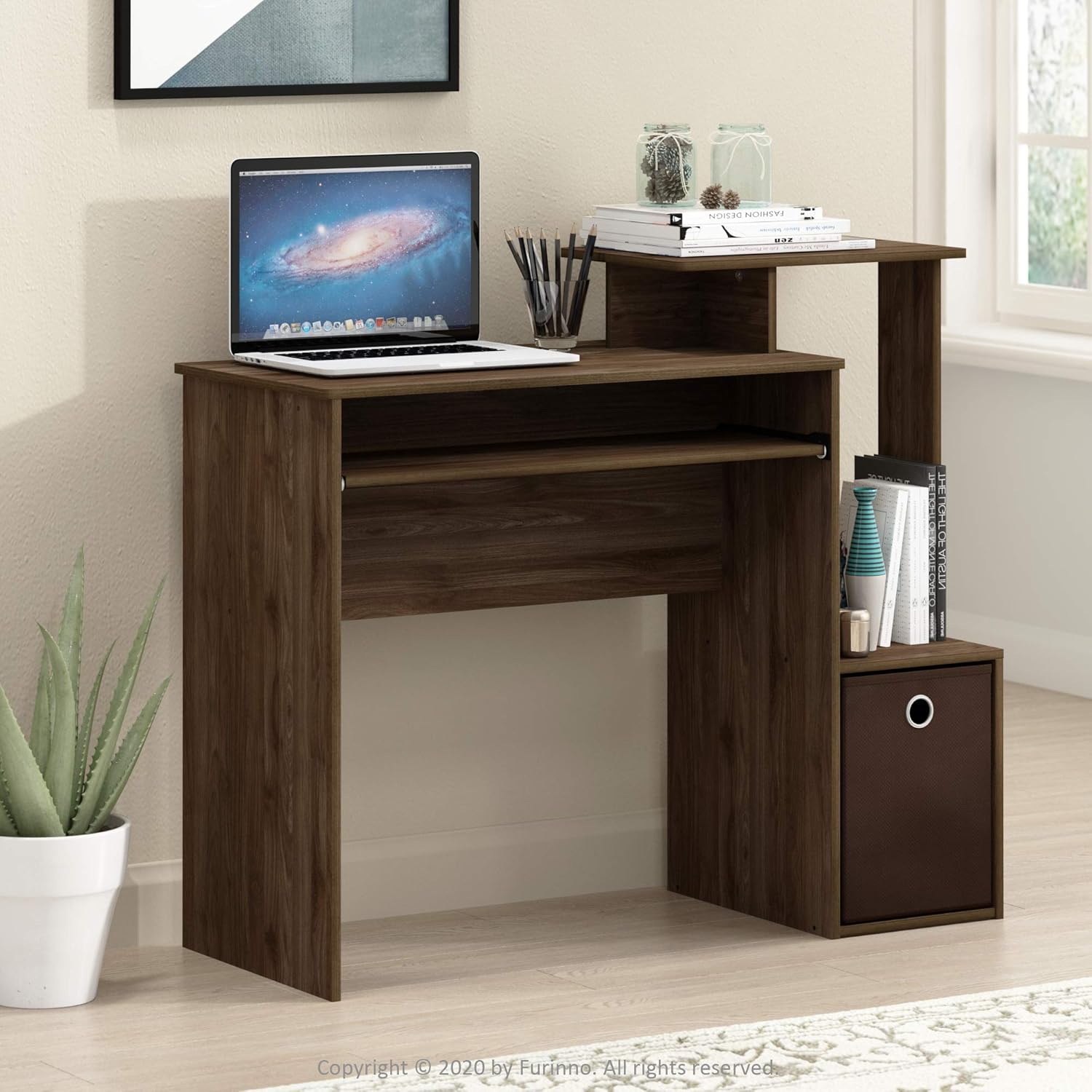 Furinno Econ Escritorio de escritura de computadora de oficina en casa multipropósito W/Bin, Blanco/Negro