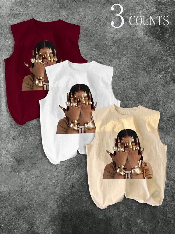 Men's Three-Piece Trendy Casual Sleeveless Vest Set, Face-Wiping Woman Print, Perfect for Summer, Vacation, Friend Gatherings