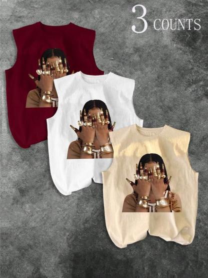 Men's Three-Piece Trendy Casual Sleeveless Vest Set, Face-Wiping Woman Print, Perfect for Summer, Vacation, Friend Gatherings