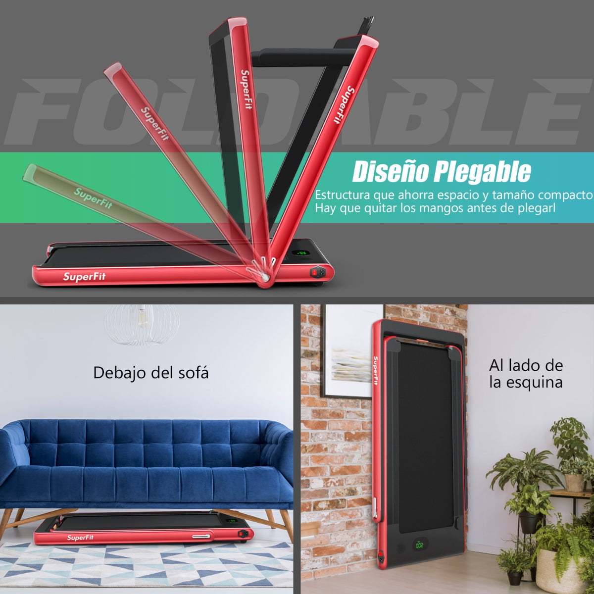 Costway Caminadora Plegable 2 en 1 Eléctrica Portátil 2,25 HP 12 Km/h con Altavoz Bluetooth Mando Pantalla LED App Control para Casa Rojo Costway Modern