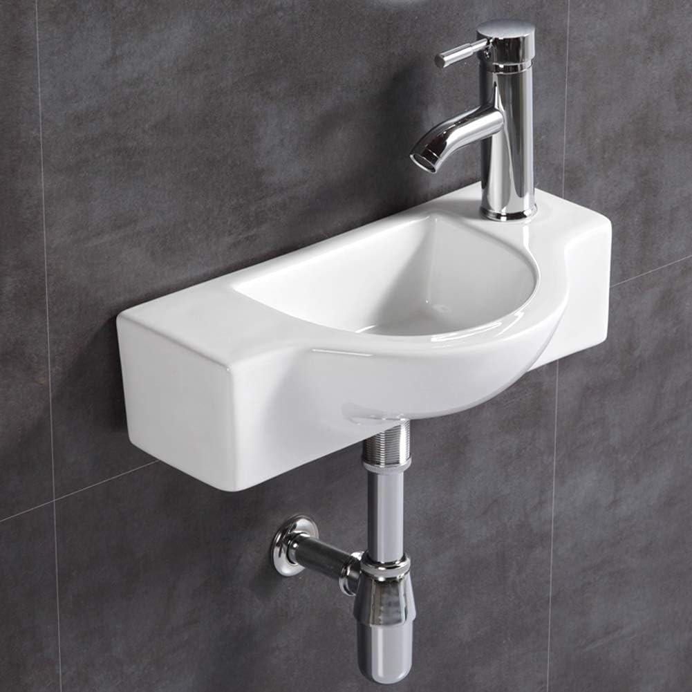 Fregadero de baño de cerámica blanca, fregadero esquinero pequeño montado en la pared (fregadero con grifo y desagüe) -----Cepillo de limpieza