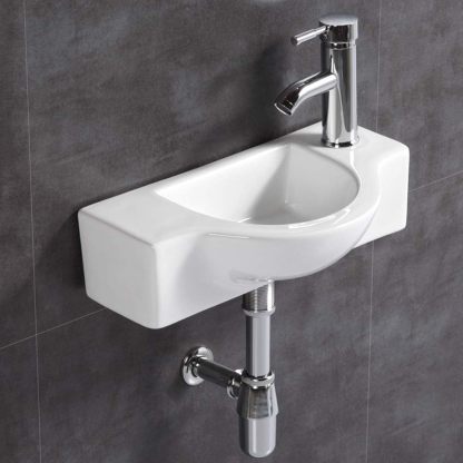 Fregadero de baño de cerámica blanca, fregadero esquinero pequeño montado en la pared (fregadero con grifo y desagüe) -----Cepillo de limpieza
