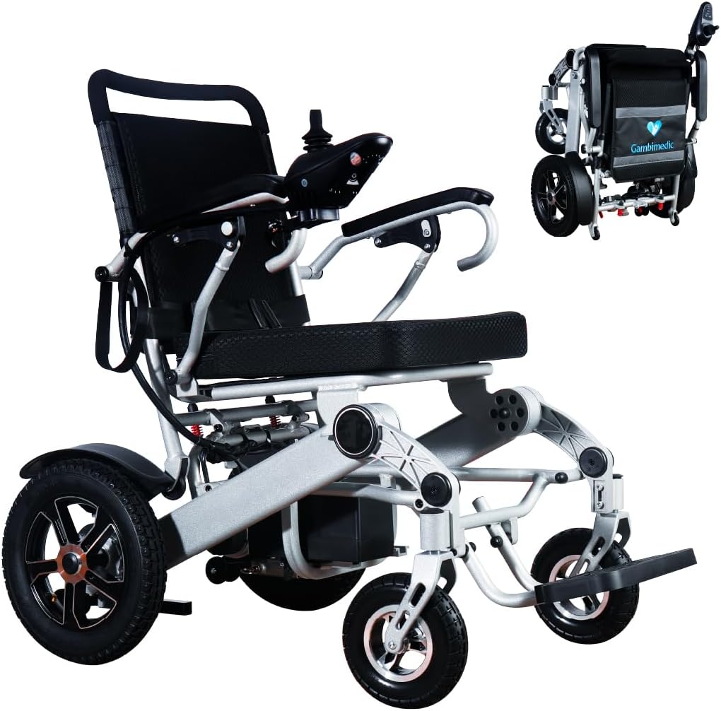 GAMBIMEDIC Silla De Ruedas Electrica Plegable Aluminio Todoterreno Ligera Portatil Facil Transporte Para Viaje Cuenta Con 4 Amortiguadores Facil Almacenaje Silla Motorizada Portatil