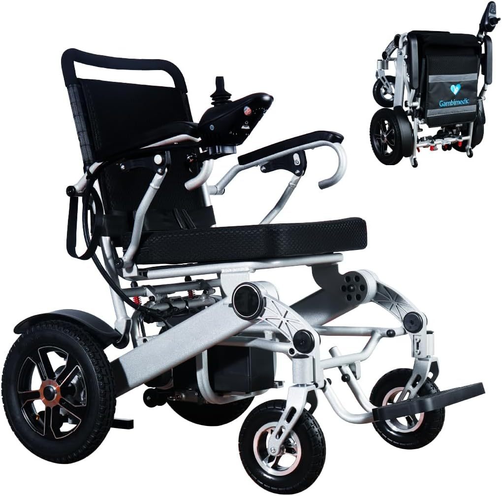 GAMBIMEDIC Silla De Ruedas Electrica Plegable Aluminio Todoterreno Ligera Portatil Facil Transporte Para Viaje Cuenta Con 4 Amortiguadores Facil Almacenaje Silla Motorizada Portatil