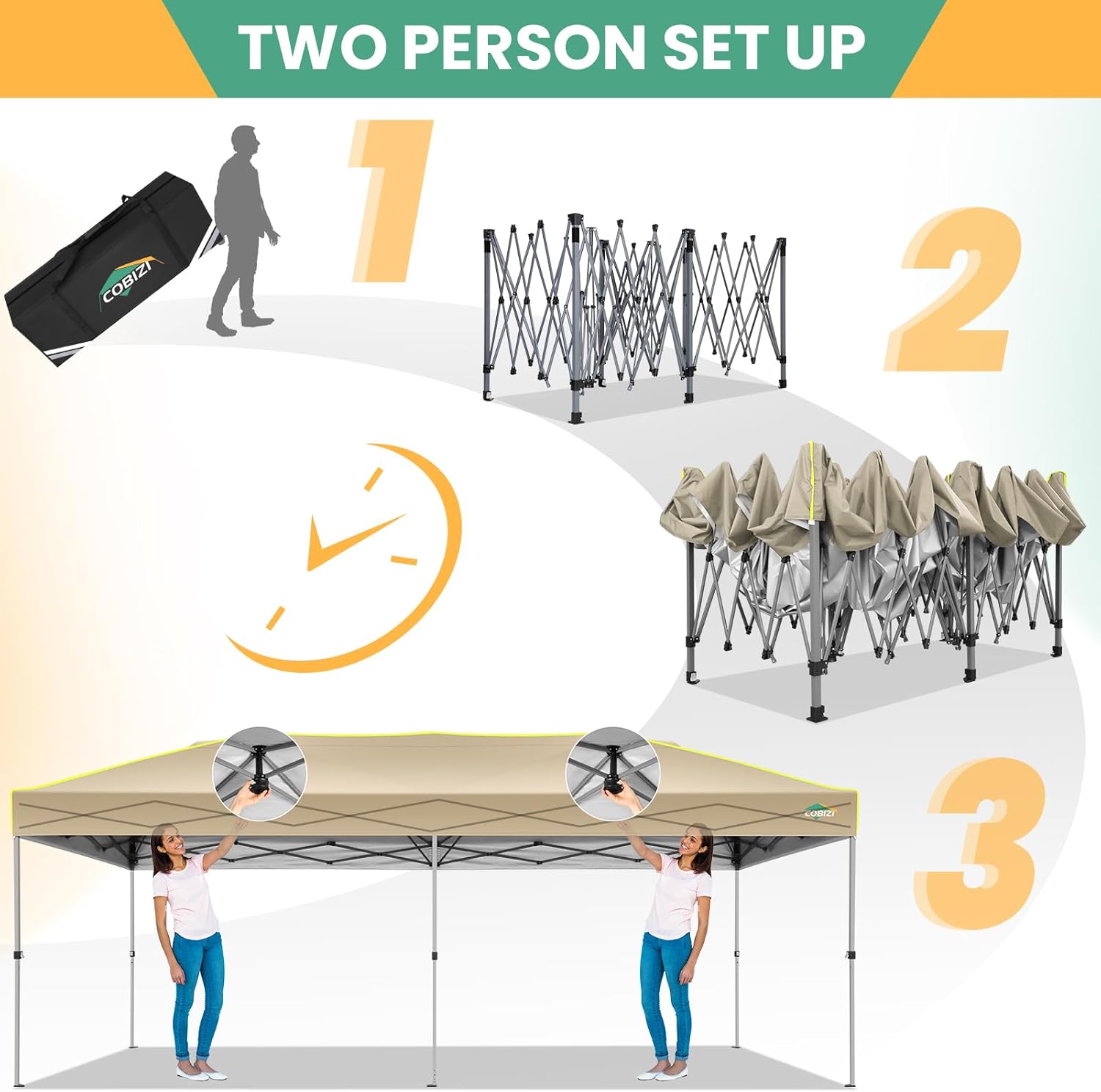 COBIZI - Tienda de campaña desplegable de 10 x 20 Pulgadas, Tienda de campaña instantánea Comercial para Bodas, Fiestas con 3 Altura Ajustable, toldo Ez Up para Exteriores, Impermeable, UPF50+ con
