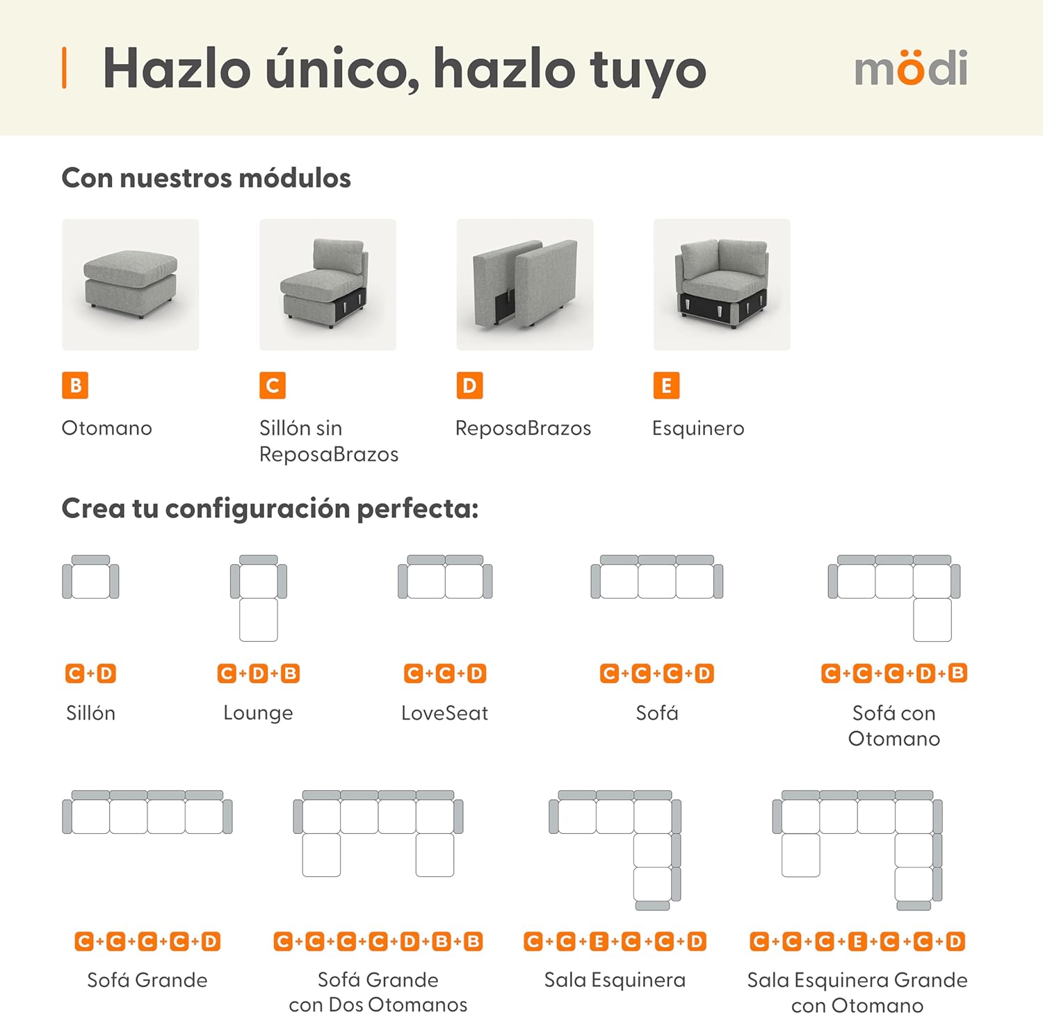 MODISOFA - Sofá Sala Esquinera Modular con Otomano | 6 Plazas | Beige | + Pillow Pack | Fácil de Ensamblar y Adaptable | Envío Gratis
