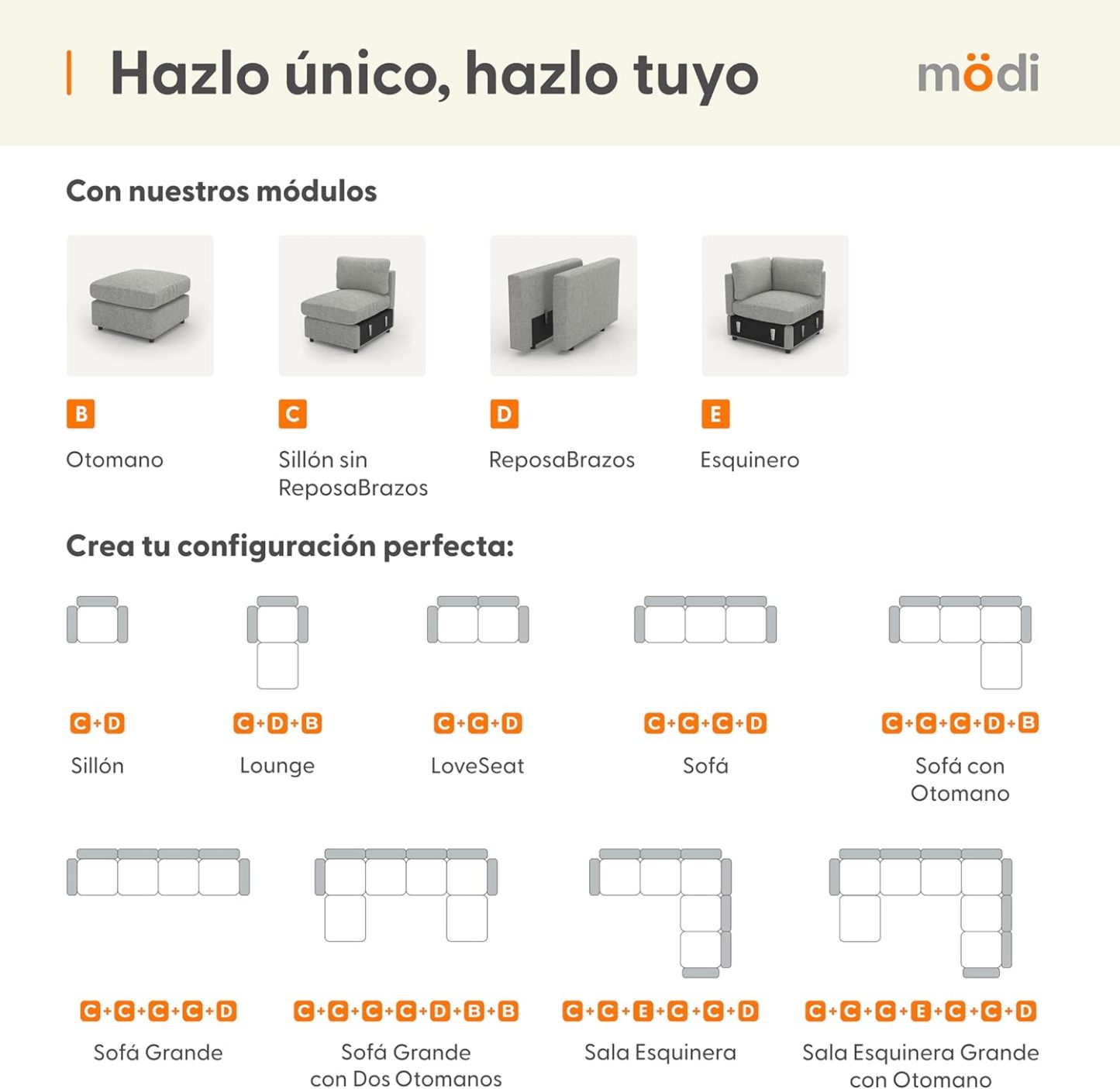 MODISOFA - Sofá Sala Esquinera Modular con Otomano | 6 Plazas | Beige | + Pillow Pack | Fácil de Ensamblar y Adaptable | Envío Gratis