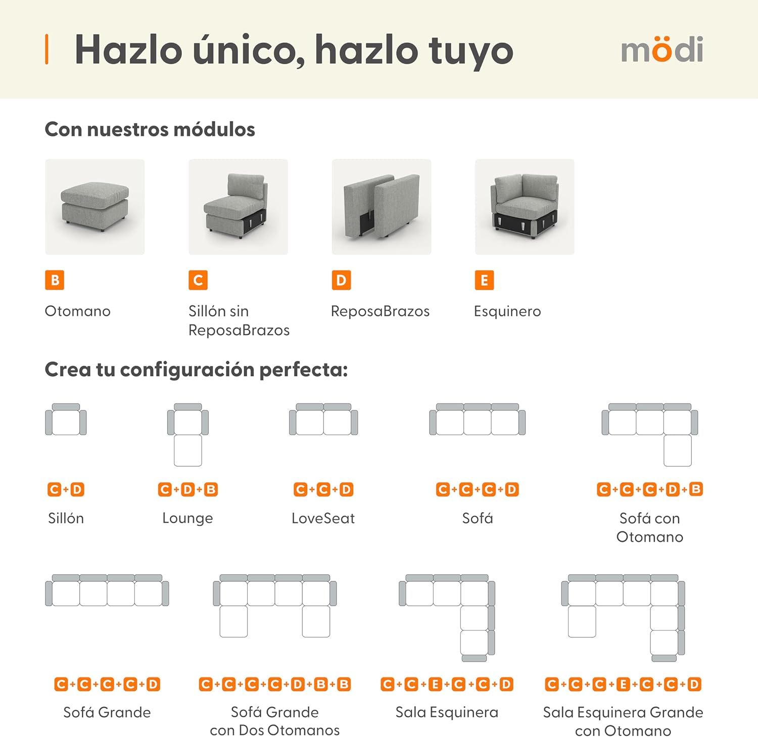 MODISOFA - Sofá Sala Esquinera Modular con Otomano | 6 Plazas | Beige | + Pillow Pack | Fácil de Ensamblar y Adaptable | Envío Gratis
