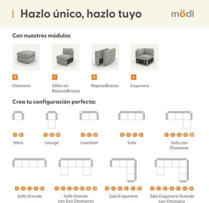 MODISOFA - Sofá Sala Esquinera Modular con Otomano | 6 Plazas | Beige | + Pillow Pack | Fácil de Ensamblar y Adaptable | Envío Gratis