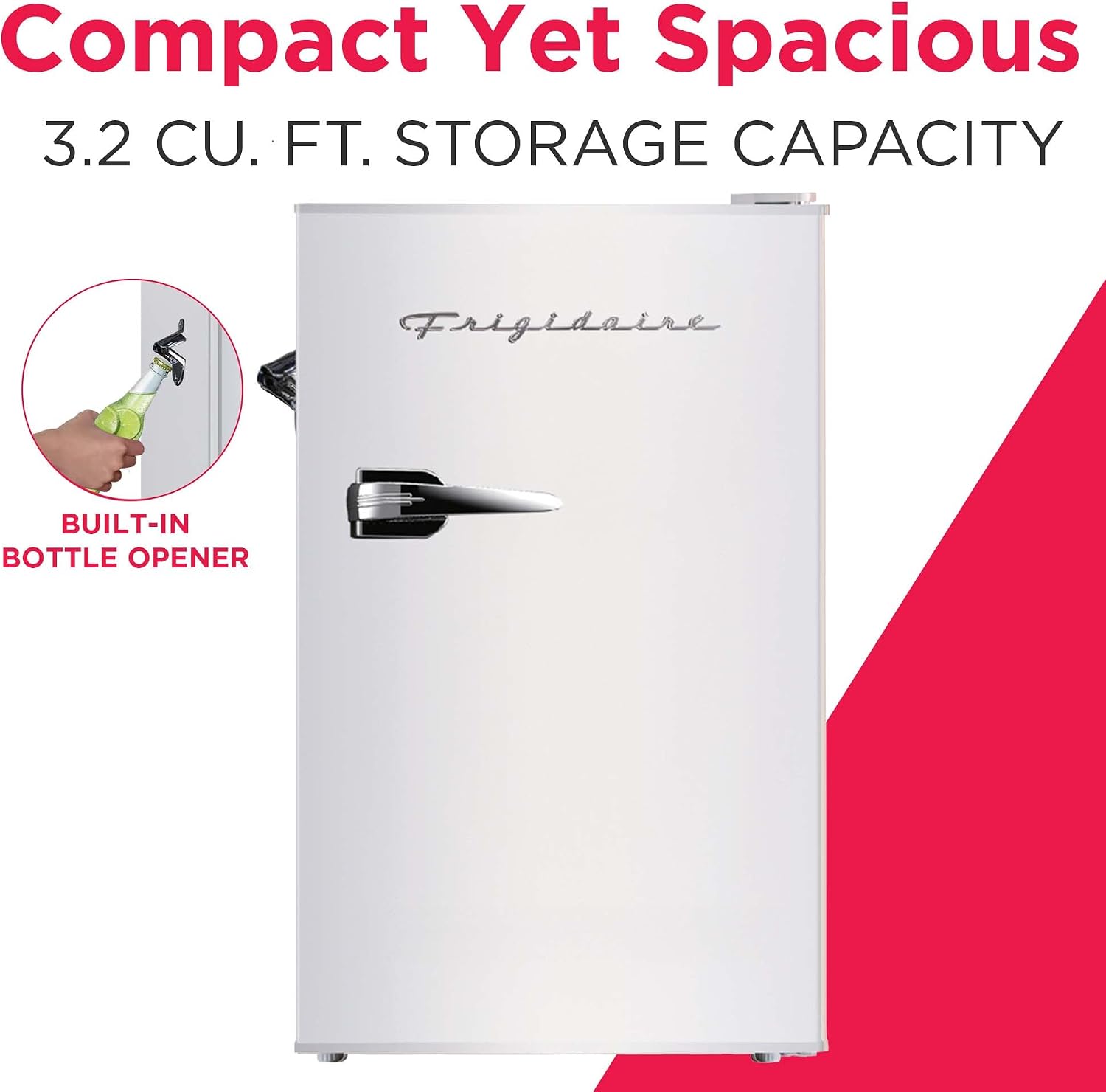 ❄️ Refrigerador compacto retro Frigidaire con enfriador, refrigerador de mostrador de 3.2 pies cúbicos con abridor de botellas incorporado, ideal para oficina, dormitorio, residencia estudiantil o cabaña