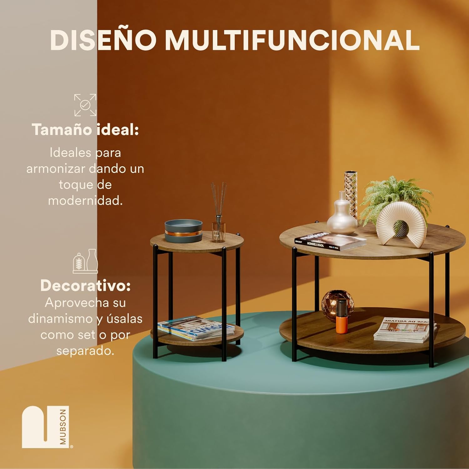 MUBSON Set de 2 Mesas de Centro Minimalista | 80x80 y 40x40 cm | Mesa de Centro para Sala con Soportes de Acero. Mesa de Noche Verona. Mesa Auxiliar. Mesas Laterales de Madera. Nesting Table