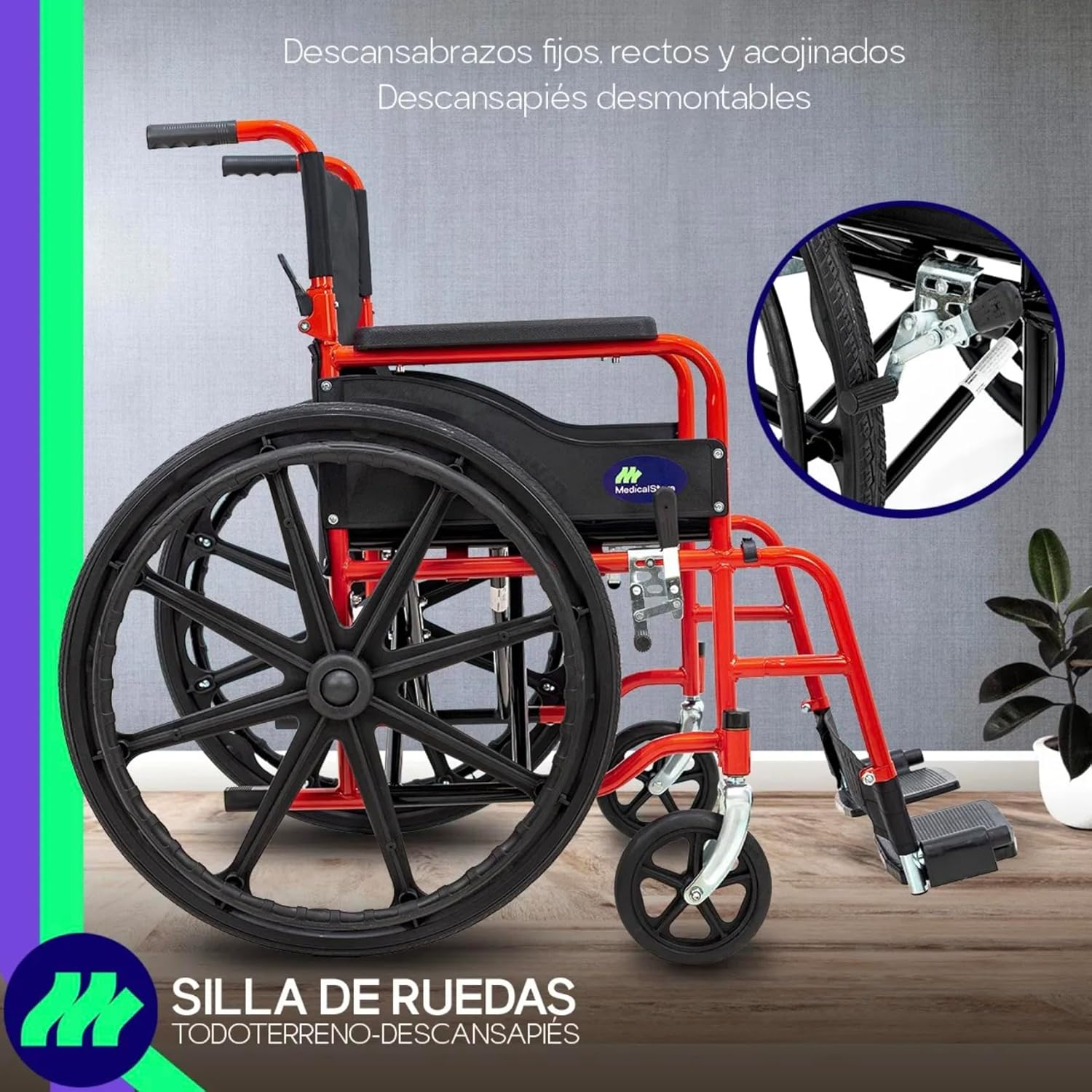 MEDICAL STORE Silla De Ruedas Ligera Adulto Mayor Todo Terreno Traslado Plegable Compacta Con Freno De Mano Rehabilitación Con Descansa Pies Abatible