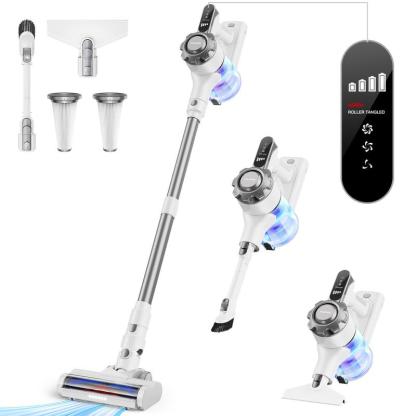 La aspiradora inalámbrica Trucozie T350 presenta un diseño ligero 8 en 1 con hasta 45 minutos de autonomía y una potente succión de 33 kPa. Esta aspiradora inalámbrica recargable es ideal para alfombras, baldosas, pelo de mascotas y suelos de madera.