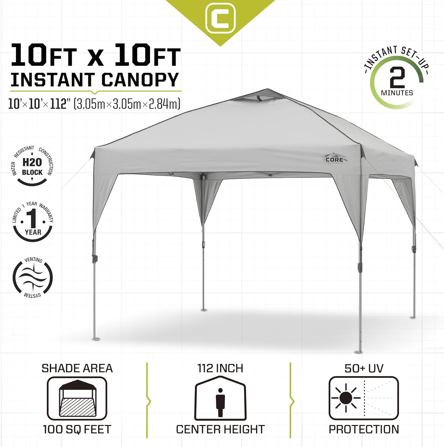CORE Tienda de campaña con dosel emergente Instant Shelter de 10' x 10' con bolsa de transporte con ruedas