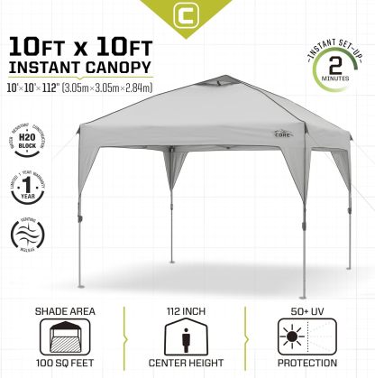 CORE Tienda de campaña con dosel emergente Instant Shelter de 10' x 10' con bolsa de transporte con ruedas