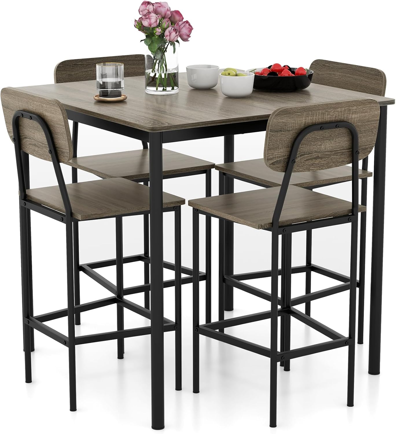 Juego de mesa de comedor de 5 piezas con mesa de altura y 4 taburetes de bar, juego de comedor industrial de cocina con reposapiés y respaldo, juego de comedor que ahorra espacio para pub,