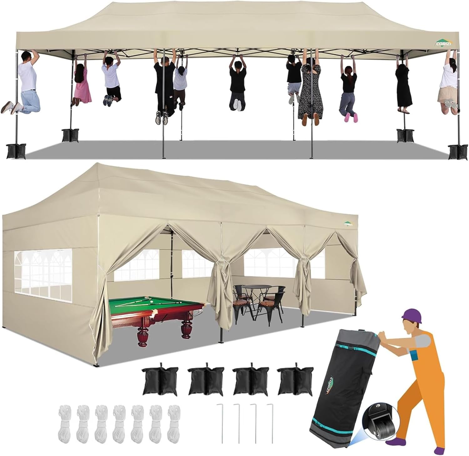 COBIZI - Toldo desplegable de 10 x 20 Pulgadas con 6 Paredes Laterales, toldo Impermeable para Eventos al Aire última intervensión, UPF 50+ cenador portátil para Fiestas, Playa, Camping, Boda,