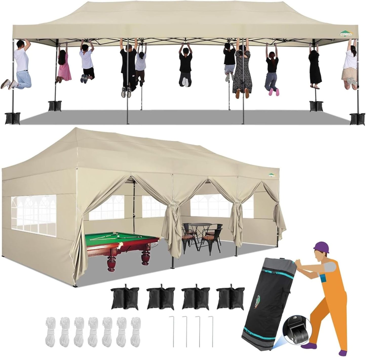 COBIZI - Toldo desplegable de 10 x 20 Pulgadas con 6 Paredes Laterales, toldo Impermeable para Eventos al Aire última intervensión, UPF 50+ cenador portátil para Fiestas, Playa, Camping, Boda,
