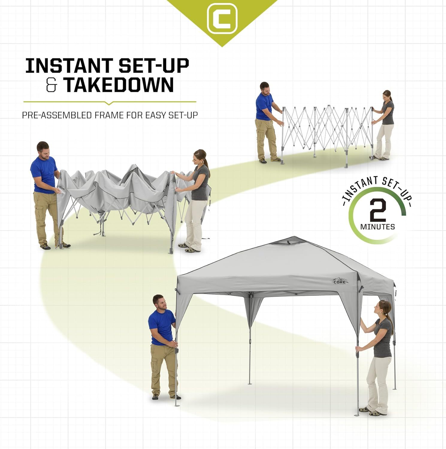 CORE Tienda de campaña con dosel emergente Instant Shelter de 10' x 10' con bolsa de transporte con ruedas